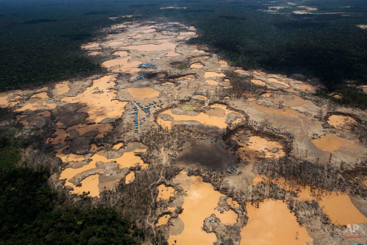 In this Nov. 11, 2014 aerial photo, a deforested area is shown dotted with blue tarps, marking the area where miners reside, and craters filled with water, caused by illegal gold mining activities, in La Pampa, in Peru's Madre de Dios region. In addition to contributing to deforestation, the illegal alluvial gold mining contaminates the jungle with tons of mercury. (AP Photo/Rodrigo Abd)