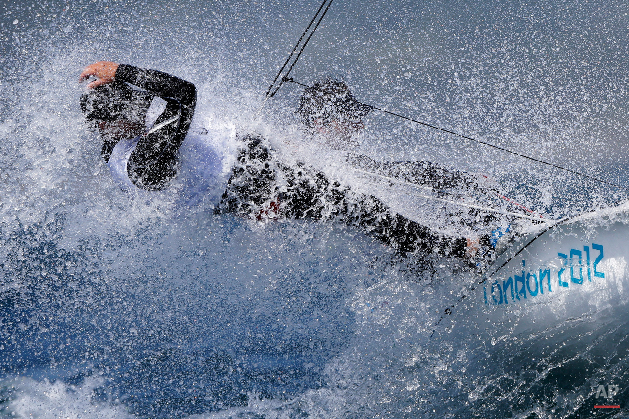 USA's Stuart McNay and Graham Biehl, foreground, compete during the 470 class race at the London 2012 Summer Olympics, Thursday, Aug. 2, 2012, in Weymouth and Portland, England. (AP Photo/Bernat Armangue)
