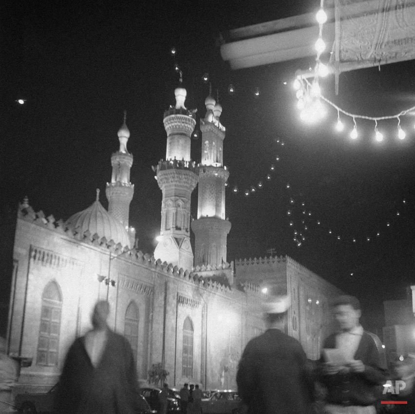 The ten-centuries-old mosque of Al-Azhar gleaming lights during Ramadan nights in Cairo, Egypt on March 1, 1963. The dome and minaret mosque and at least five thousand other illuminated during Ramadan nights. (AP Photo/Mahmoud)