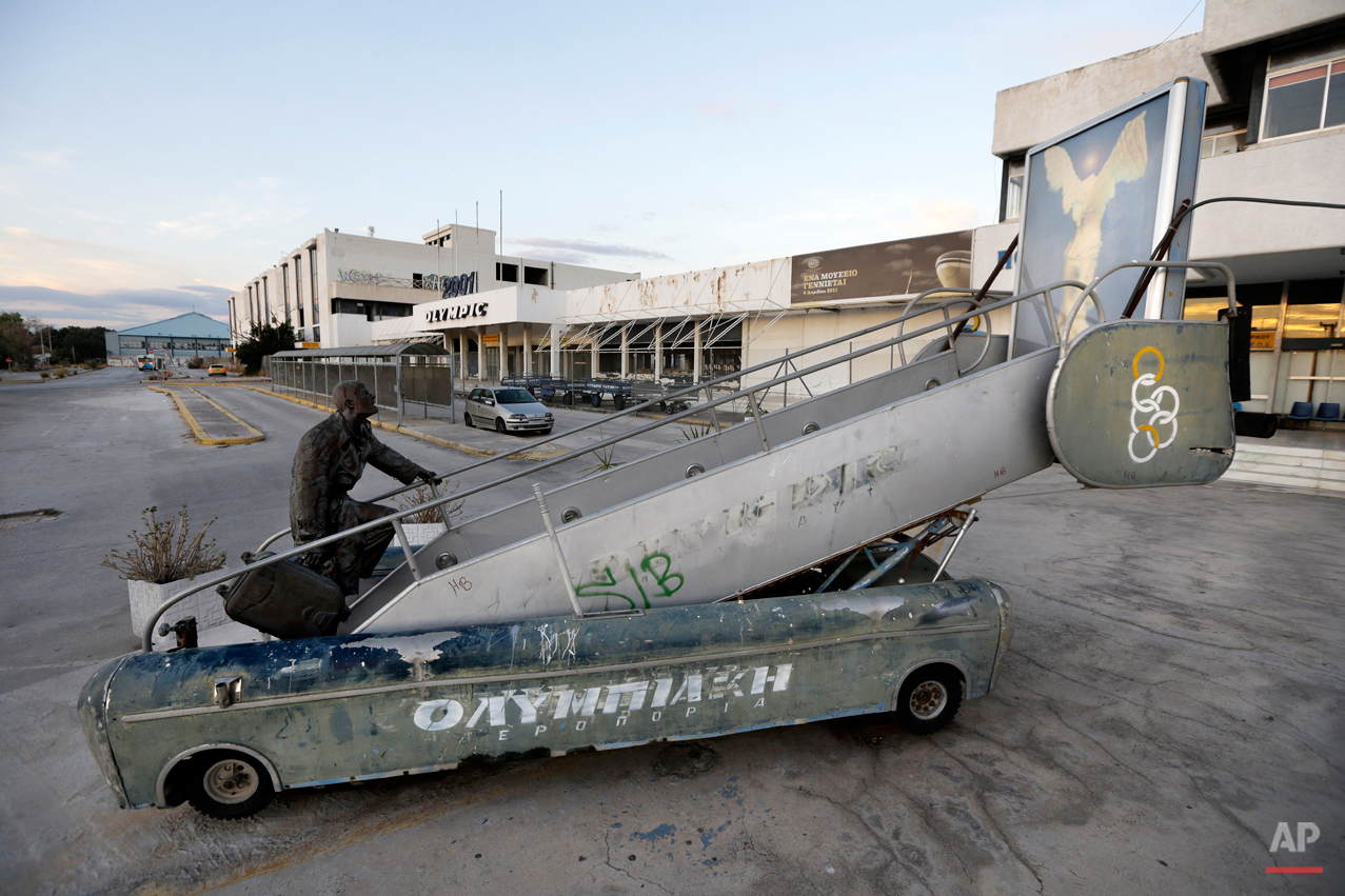  This Oct. 22, 2014, photo shows an artifact at the west terminal of old airport in eastern Athens. The seaside site of Athens' old airport hosted half a dozen Olympic venues during Athens 2004 Games. This year, private investors won a tender to deve