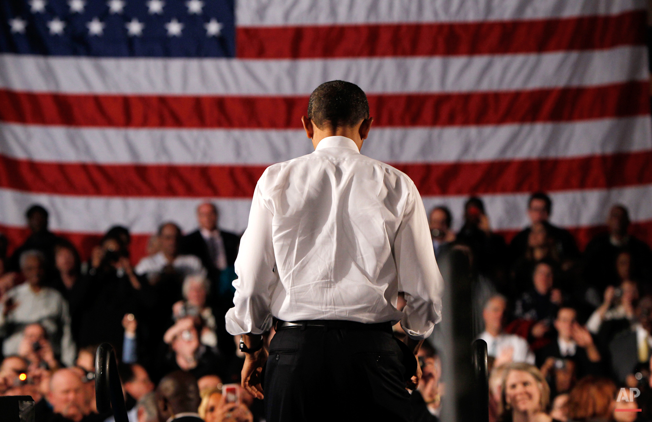  President Barack Obama steps off the stage after speaking about health care reform, Monday, March 15, 2010, at the Walter F. Ehrnfelt Recreation and Senior Center in Strongsville, Ohio. (AP Photo/Charles Dharapak) 