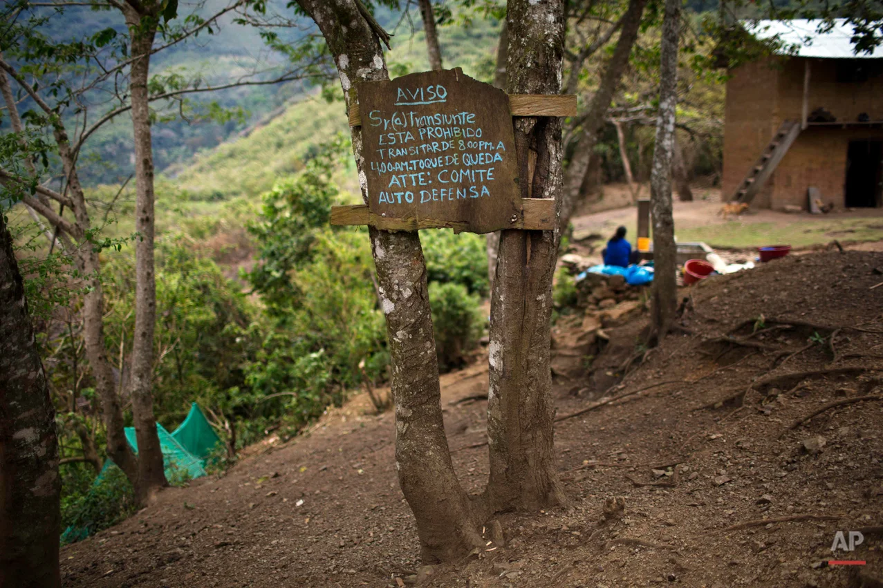 In this Sept. 9, 2014 photo, a warning sign nailed to trees and posted by the local Civil Defense Committee reads in Spanish, "It is forbidden to be out between 8:00PM. and 4:00 A.M. due to a curfew," in the Torre village, Peru. This rugged southeastern region known as ìOreja de Perro,î or Dogís Ear, lacks telephones, super markets and good roads. Cocaine-trafficking remnants of the otherwise conquered Shining Path movement coexist here with young Quechua men who ferry coca paste over the Andes in backpacks. (AP Photo/Rodrigo Abd)