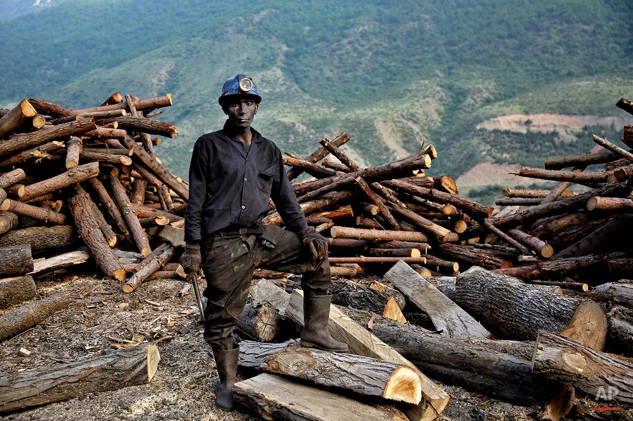 In this Wednesday, May 7, 2014 photo, an Iranian coal miner stops collecting logs to pose for a photograph at a mine on a mountain in Mazandaran province, near the city of Zirab, 212 kilometers (132 miles) northeast of the capital Tehran, Iran. The workers make just $300 a month, little more than minimum wage. (AP Photo/Ebrahim Noroozi)