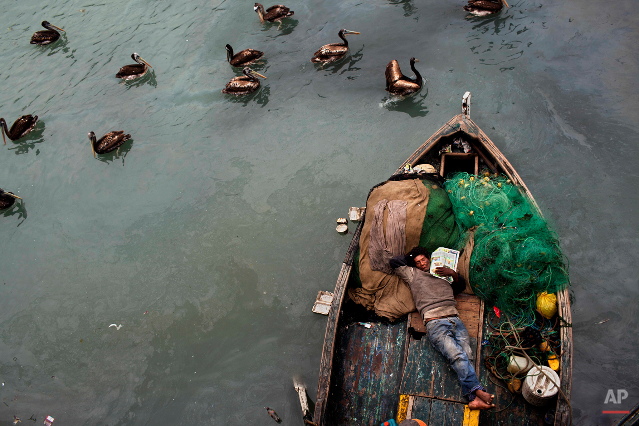 A fisherman takes a nap on his boat after deep sea fishing all night in El Callao, Peru, Nov. 3, 2012. Small scale fishermen in this area work 24 hour shifts, catching mostly anchovy, mackerel and silverside. (AP Photo/Rodrigo Abd)