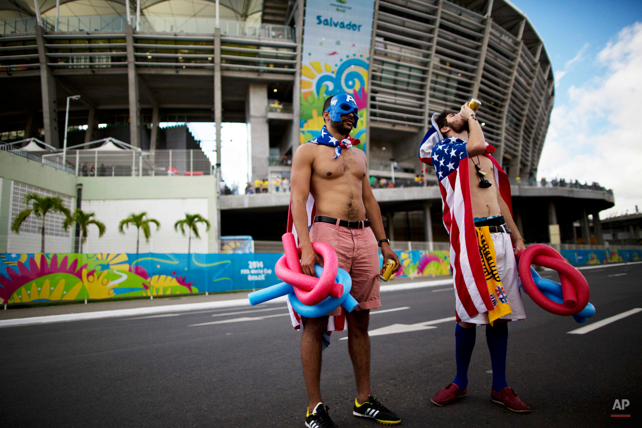  U.S. soccer fans gather outside the Arena Fonte Nova stadium before World Cup round of 16 match between U.S. and Belgium in Salvador, Brazil, Tuesday, July 1, 2014. (AP Photo/Rodrigo Abd) 