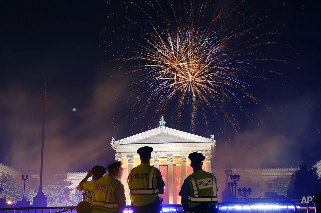 Fireworks explode over the Philadelphia Museum of Art during an Independence Day celebration, Friday, July 4, 2014, in Philadelphia. (AP Photo/Matt Rourke)