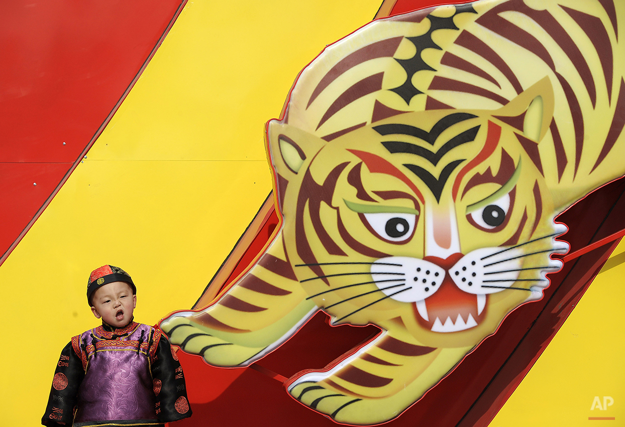  A Chinese boy in a traditional costume reacts while posing next to a tiger poster displayed at a shopping district in Beijing, Monday, Feb. 22, 2010. (AP Photo/Andy Wong) 