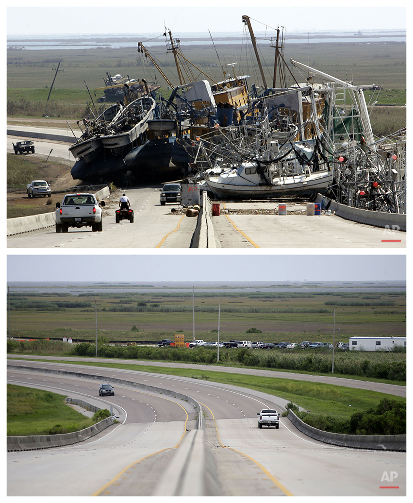  This combination of Oct. 10, 2005 and Aug. 4, 2015 photos shows a tangle of fishing boats blocking the lanes of Highway 23 in Empire, La. after Hurricane Katrina ravaged the region, and the same site a decade later. (AP Photo/Don Ryan, Gerald Herber