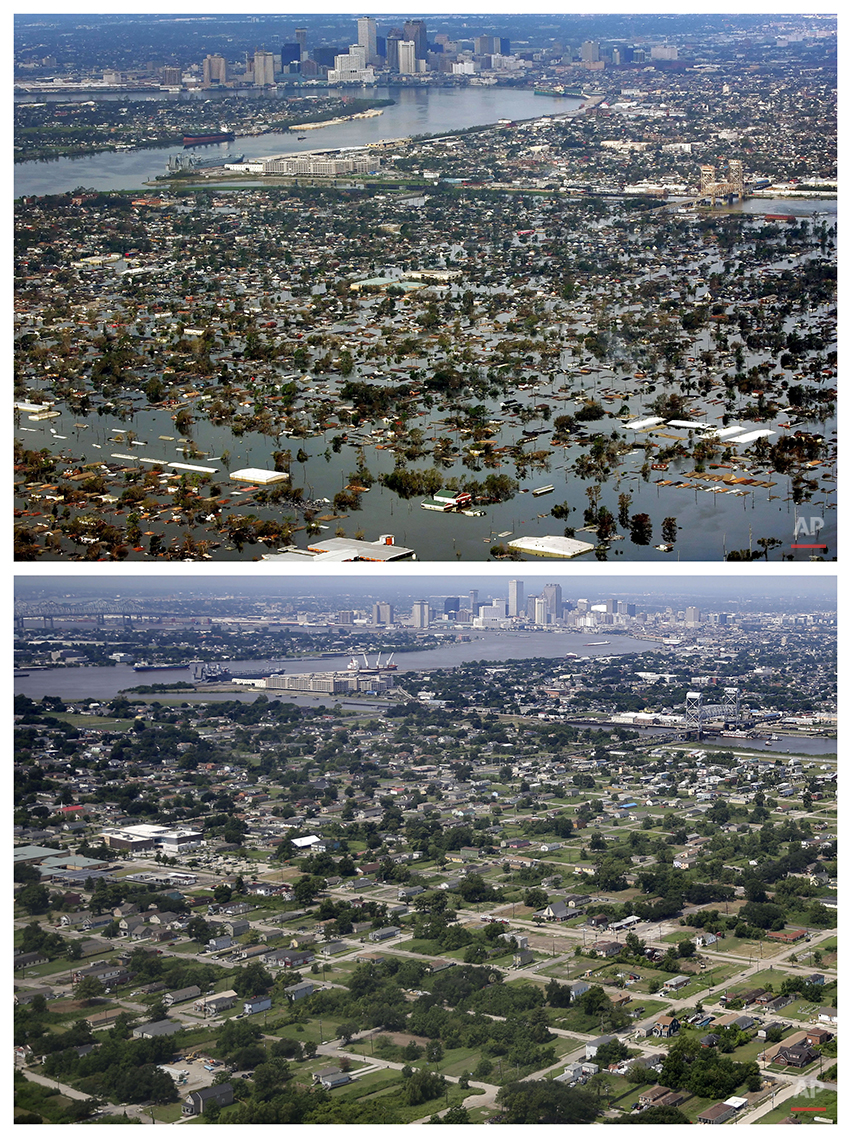  This combination of Aug. 30, 2005 and July 29, 2015 aerial photos shows the Lower Ninth Ward of New Orleans flooded by Hurricane Katrina and the same area a decade later. Before Katrina, the Lower Ninth Ward was a working-class and predominantly Afr