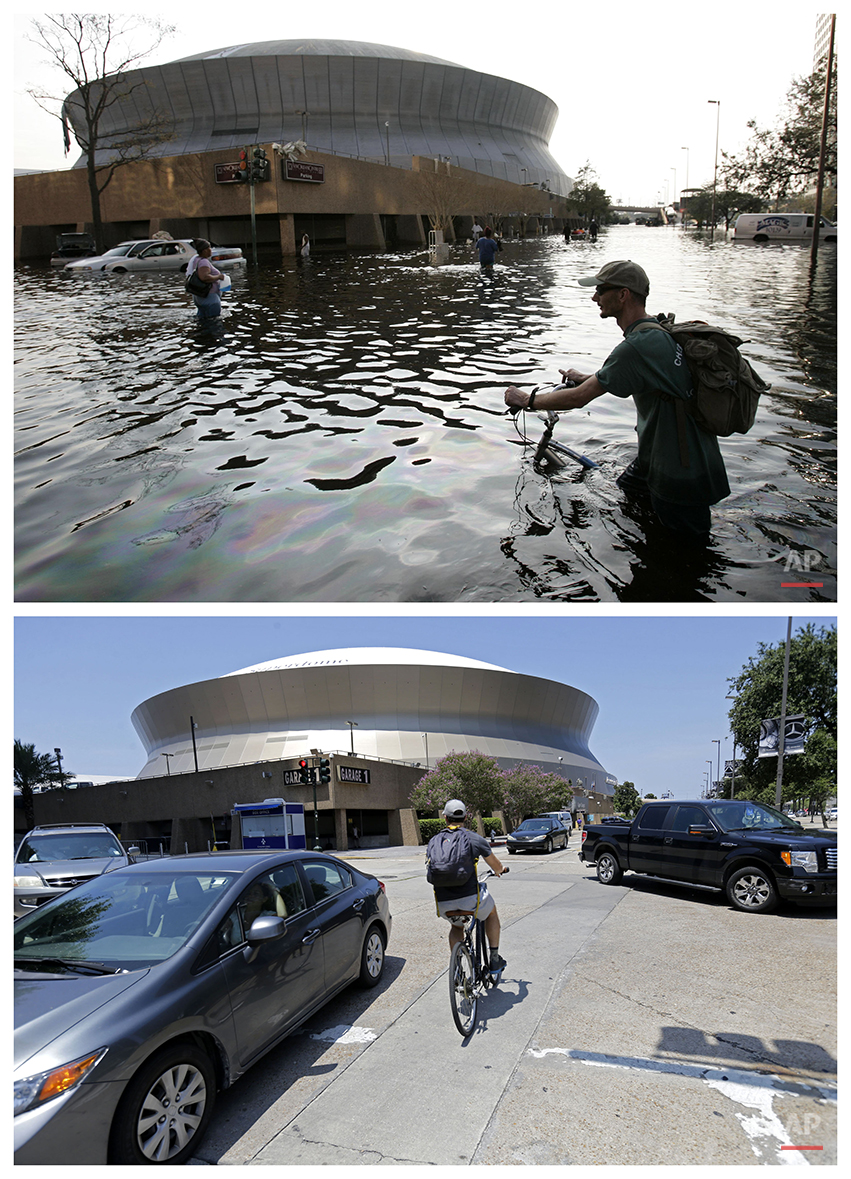  This combination of Aug, 31, 2005 and July 31, 2015 photos shows a man pushing his bicycle through flood waters near the Superdome in New Orleans after Hurricane Katrina left much of the city under water, and a cyclist outside the renamed Mercedes-B