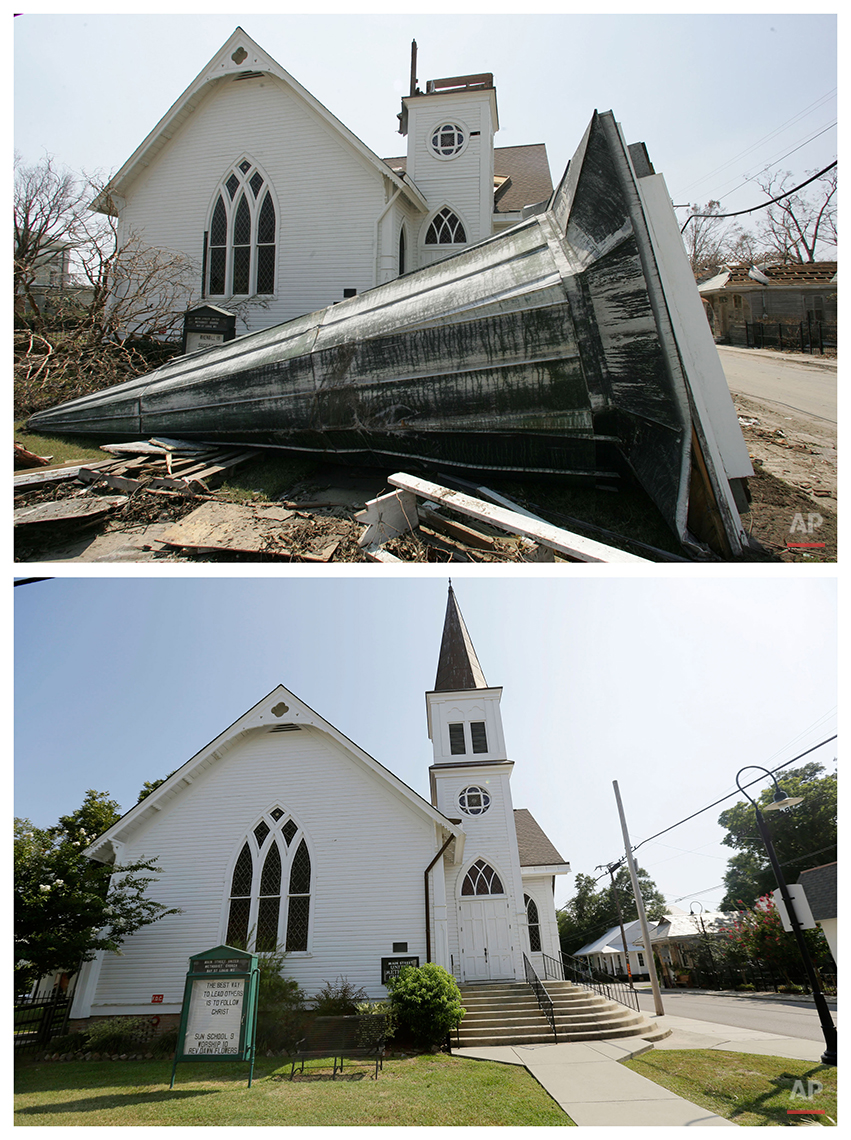  This combination of Sept. 2, 2005 and Friday, Aug. 14, 2015 photos shows the steeple from the Main Street Methodist Church blown down during Hurricane Katrina in Bay St. Louis, Miss., and the restored church a decade later. The storm went down in hi