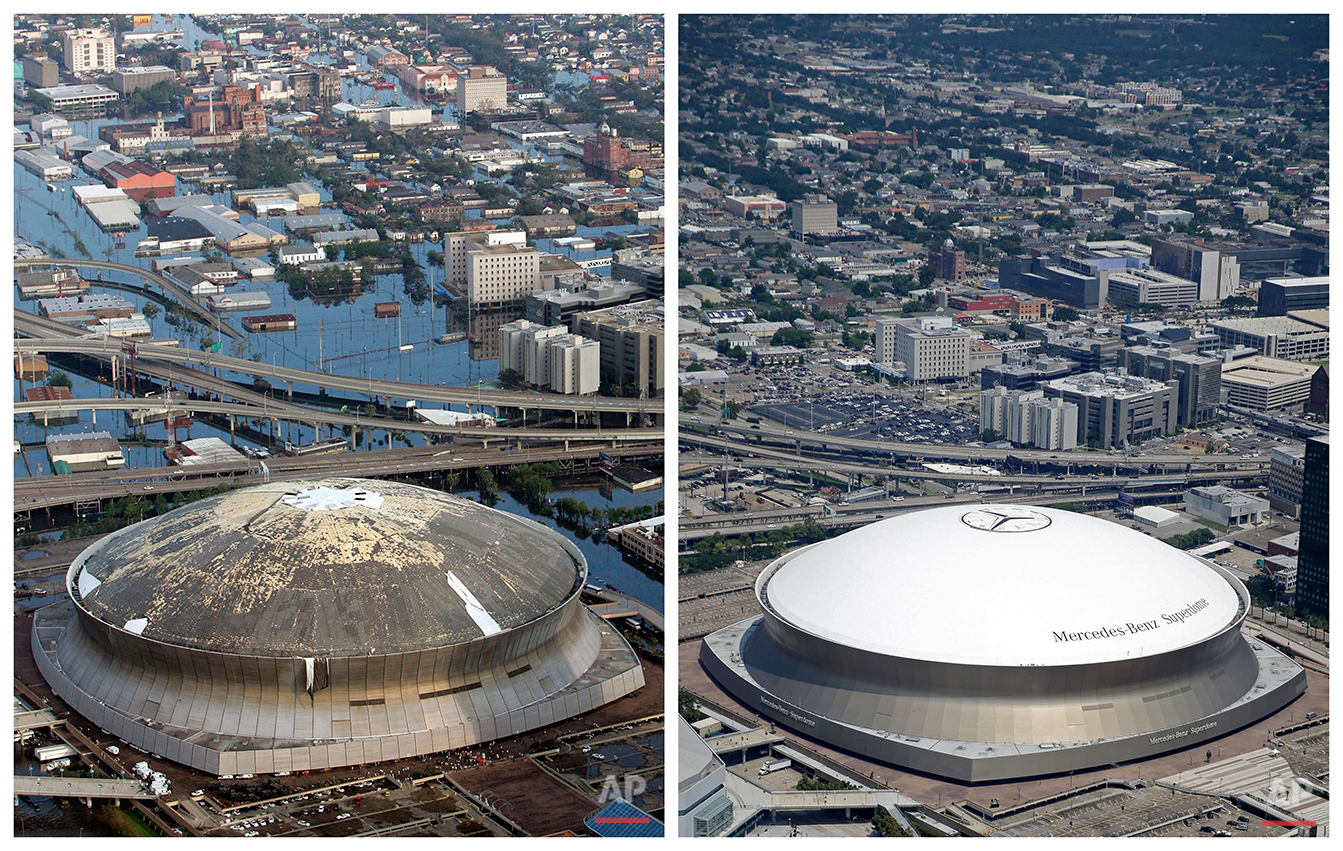  This combination of Aug. 30, 2005 and July 29, 2015 aerial photos shows downtown New Orleans and the Superdome flooded by Hurricane Katrina and the same area a decade later. Katrina's powerful winds and driving rain bore down on Louisiana on Aug. 29