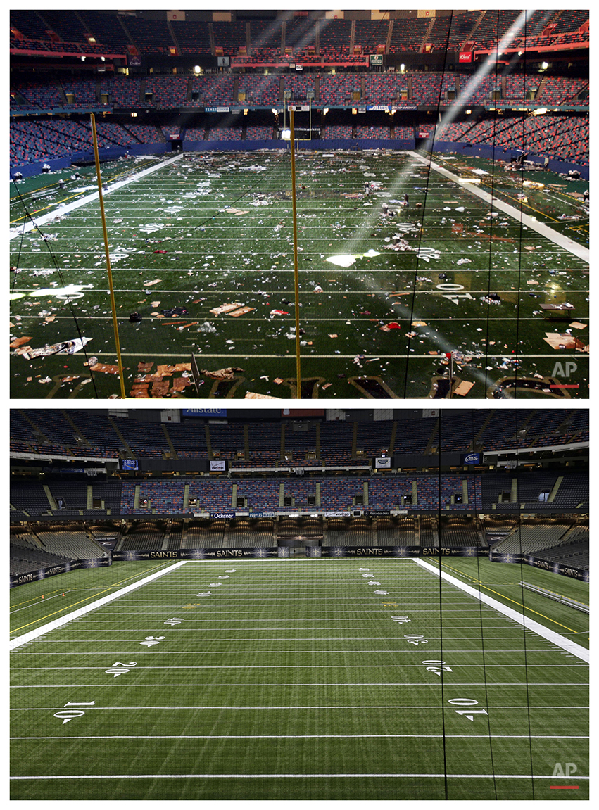  This combination of Sept. 2, 2005 and Aug. 14, 2015 photos shows the playing field of the Louisiana Superdome in New Orleans littered with debris after serving as a shelter for victims from Hurricane Katrina, and a decade later, the renamed Mercedes