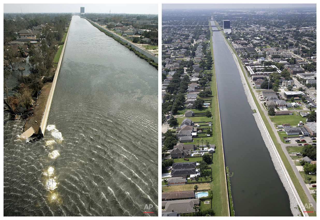  This combination of Sept. 3, 2005 and July 29, 2015 aerial photos show the 17th Street Canal flood wall breach and the Lakeview section of New Orleans flooded by Hurricane Katrina and the same area a decade later. Katrina's powerful winds and drivin