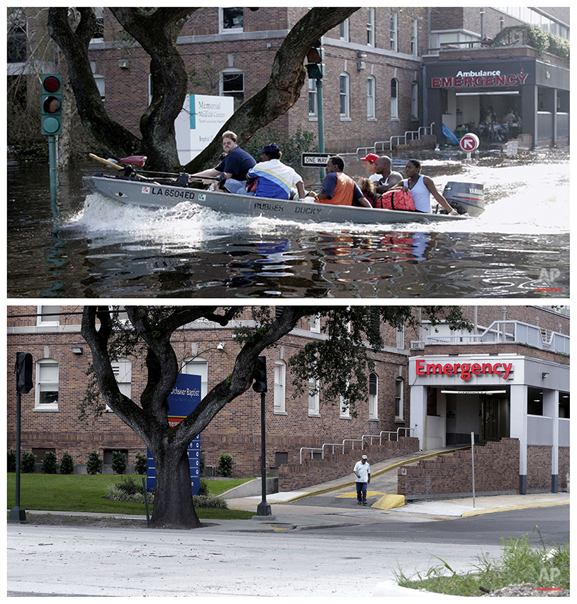  In this combination of Wednesday, Aug. 31, 2005 and Thursday, July 30, 2015 photos, patients and staff of the Memorial Medical Center in New Orleans are evacuated by boat after flood waters surrounded the facility, and a decade later, the renamed Oc