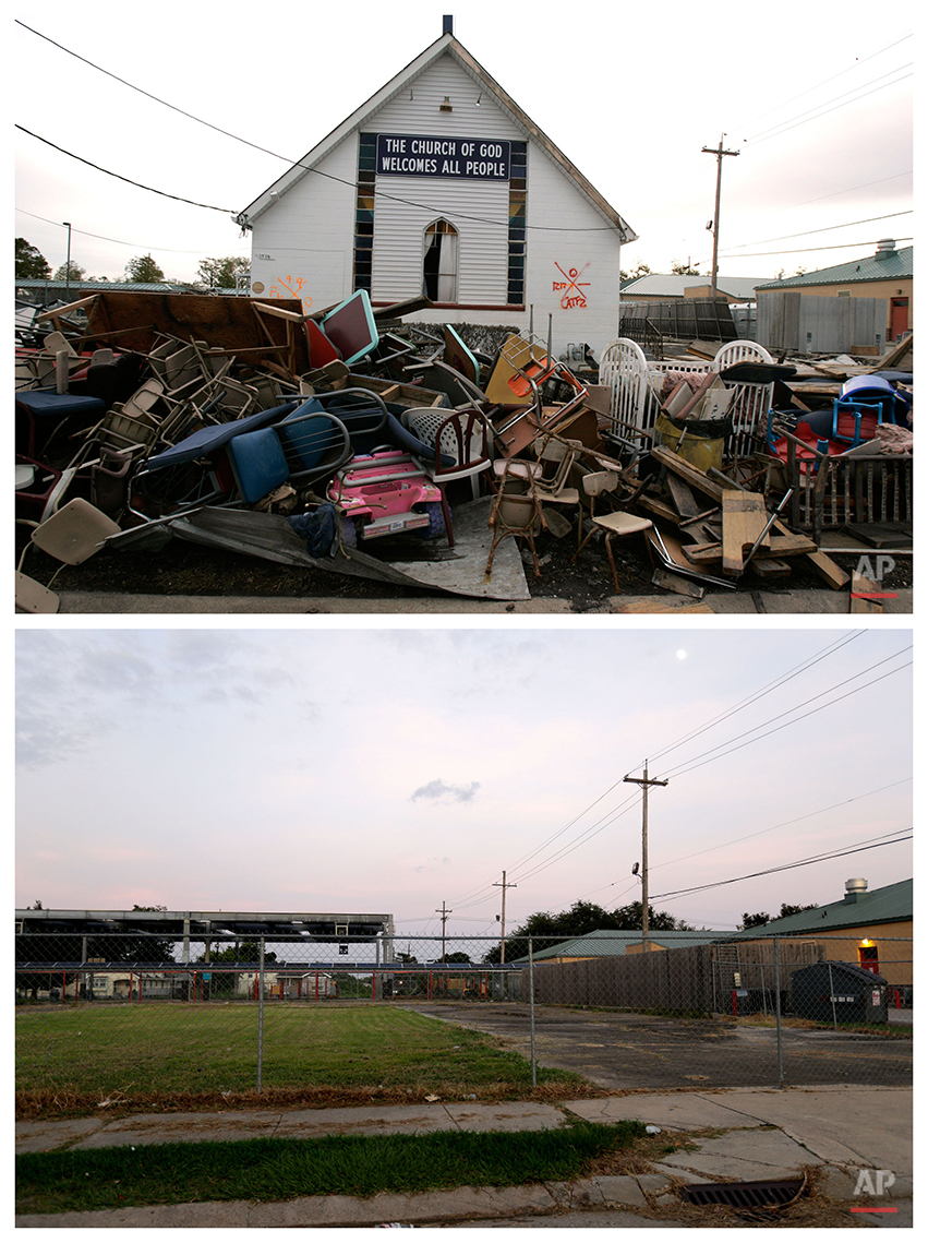  This combination of Dec. 16, 2005 and July 28, 2015 photos shows debris in front of the Church of God damaged by Hurricane Katrina in the Lower Ninth Ward neighborhood of New Orleans, and a decade later, an empty lot where it once stood. Before Katr