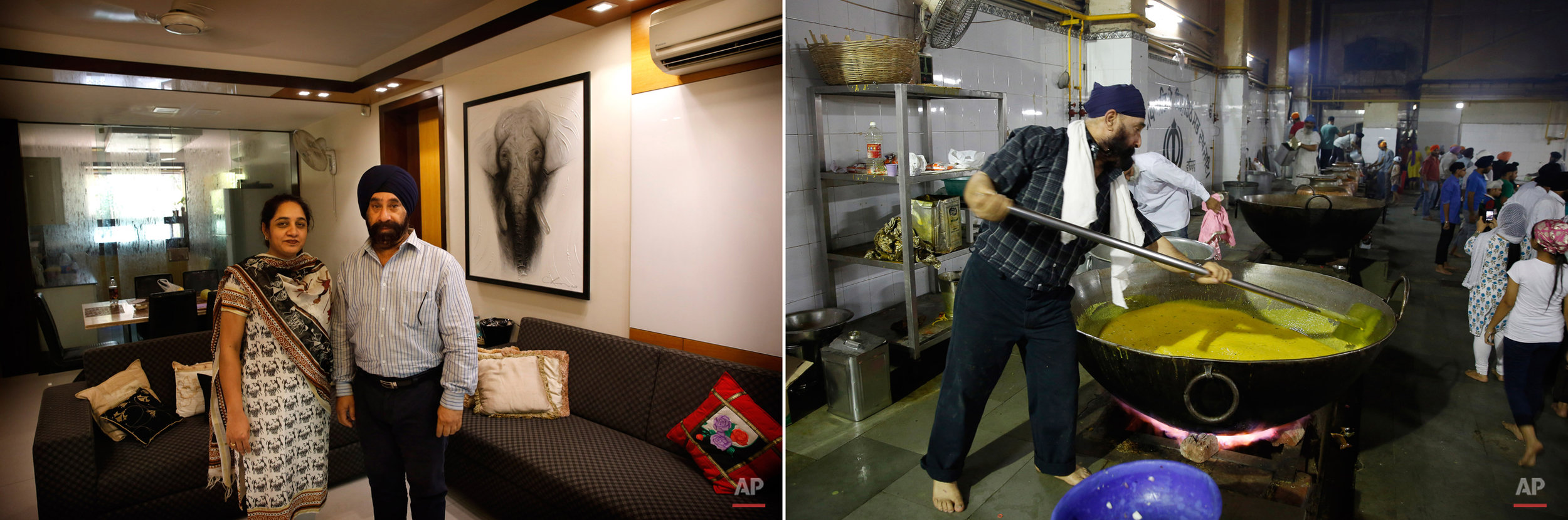  This two picture combo shows on left, Harpreet Singh poses with his wife at their house in New Delhi, India, on May 28, 2015, as on right, he prepares langar, or free community meal, at Bangla Sahib Gurudwara or Sikh temple, on May 23, 2015, in New 