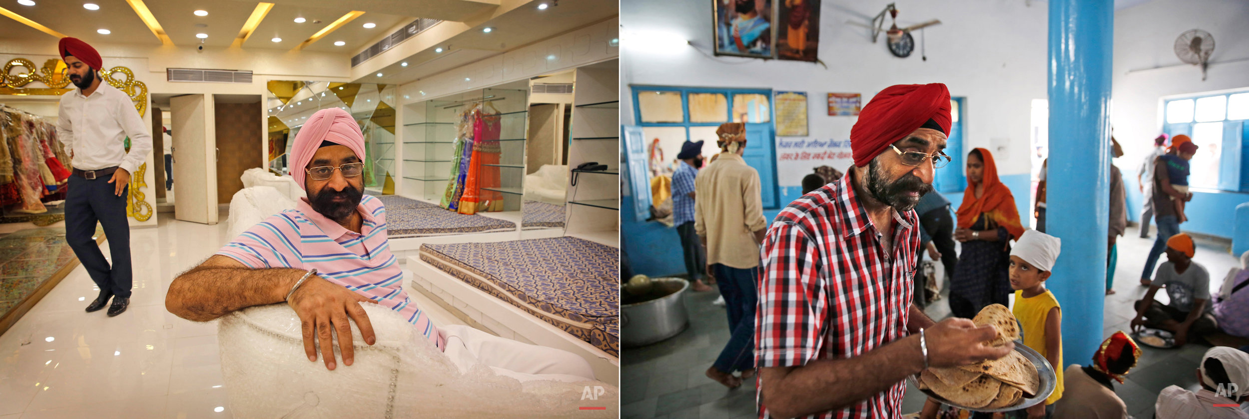  This two picture combo shows on left, Amarjeet Singh, 57, a big businessman, who owns shops and a mall sits at his shop, in New Delhi, India, on June 16, 2015, as on right he distributes Indian bread to devotees during a langar at the Majnu-Ka-Tilla