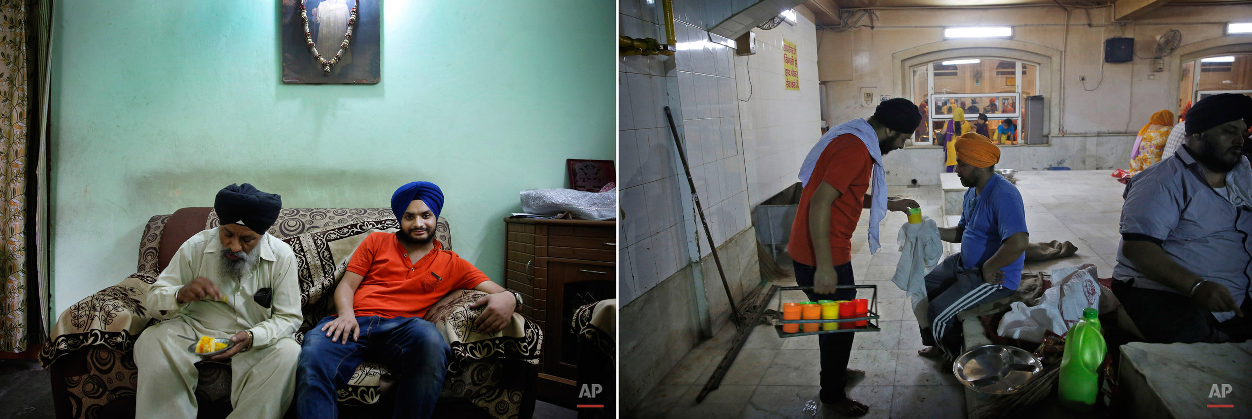  This two picture combo shows on left, Manpreet Singh, 23, who works in a call centre, sits with his father, at their house in New Delhi, India, on May 30, 2015, as on right, he serves drinking water to a Sikh devotee during langar, or free community