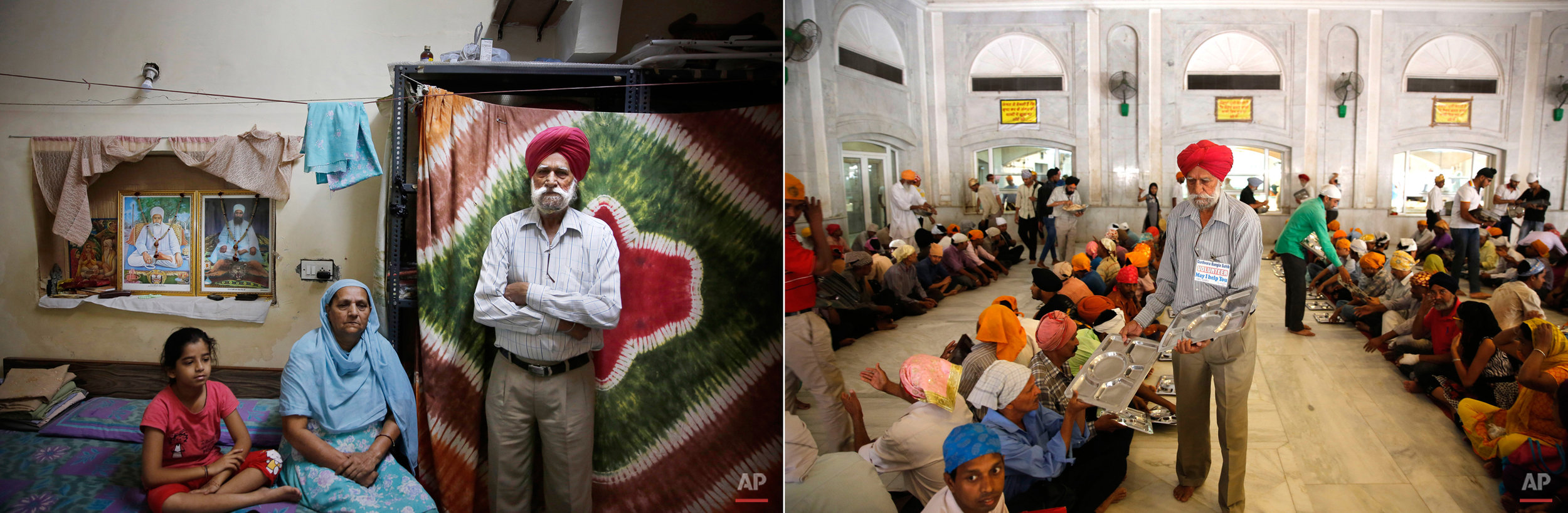  This two picture combo shows, on the left, Jaspal Singh,69, a retired carpenter, poses with his family at their house in New Delhi, India on May 28, 2015, as on right, he serves empty plates to devotees for langar, or free community meal, at the Ban