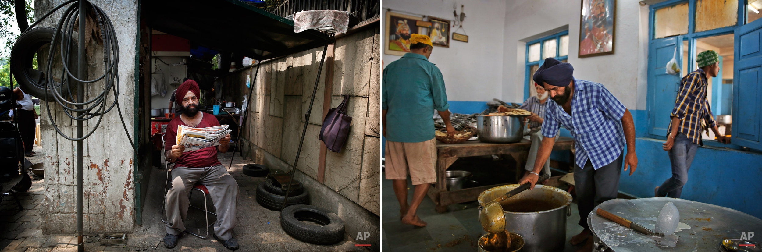  This two picture combo shows on left, Harkerat Singh, a roadside tyre puncture mechanic sits outside his shop, in New Delhi, India, on June 16, 2015, as on right, he serves lentils during langar at the Majnu-Ka-Tila Gurdwara or Sikh temple, in New D