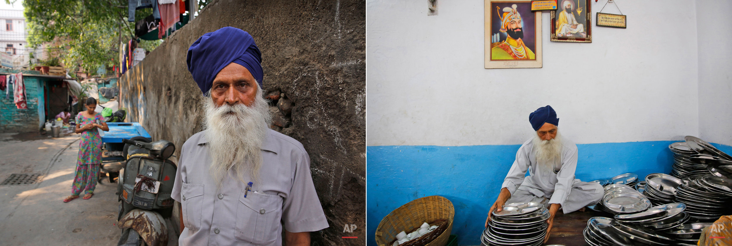  This two picture combo shows on left, Jaspal Singh, 74, poses for photos outside his house in New Delhi, India, on June 15, 2015, as on right, he arranges empty plates for langar, or free community meal, at Majnu-ka-Tilla Gurudwara or Sikh temple, i