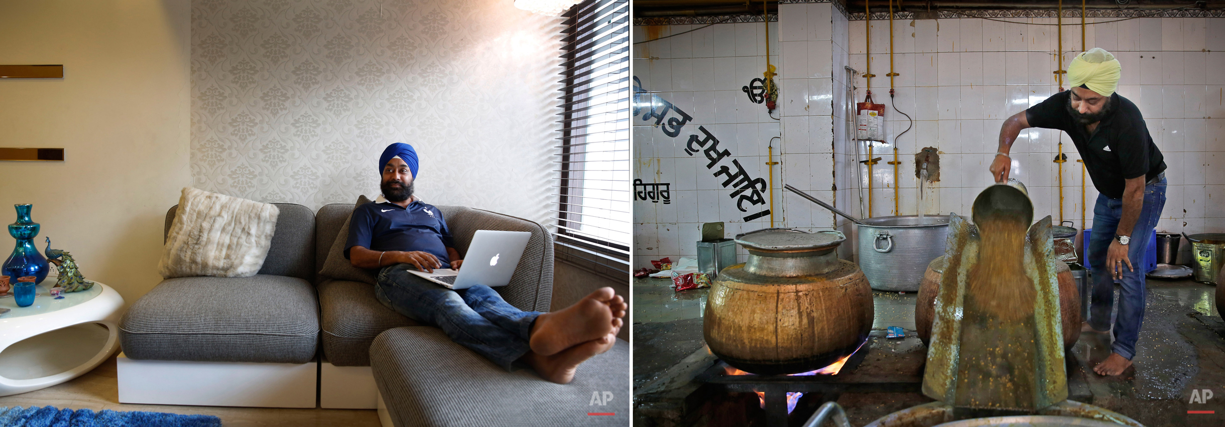  This two picture combo shows on left, Kulbir Singh, 31, a marketing executive in a media group, sits at his house in South Extension in New Delhi, India, on June 4, 2015 as on right, he pours lentils into a large utensil as he prepares food for lang