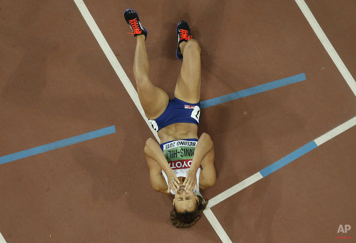  Gold medalist Britain's Jessica Ennis-Hill celebrates after the heptathlon 800m at the World Athletics Championships at the Bird's Nest stadium in Beijing, Sunday, Aug. 23, 2015. (AP Photo/Wong Maye-E) 
