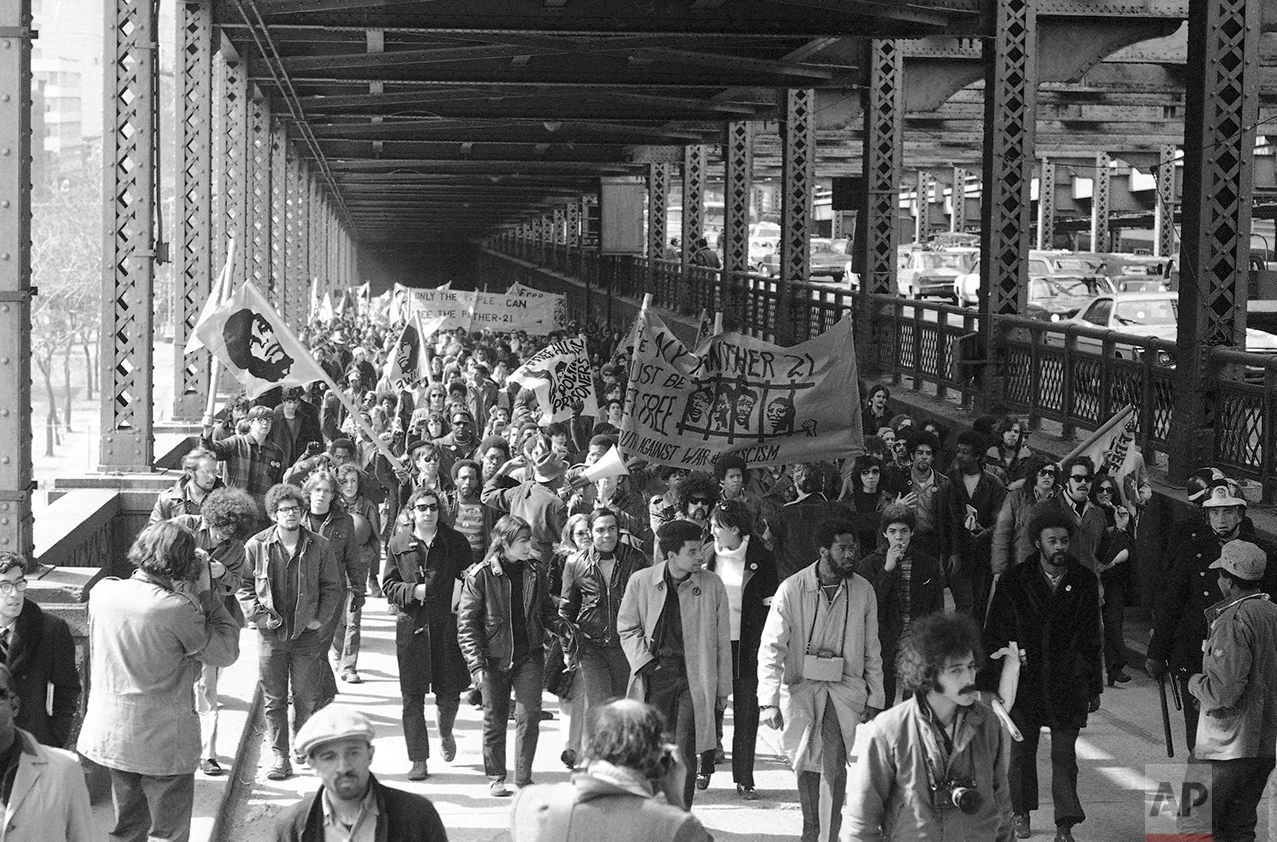 Some of about 5,000 crowd Queens-borough bridge in Manhattan on March 4, 1970 during march on the Queens house of detention, where 11 Black Panthers have been imprisoned almost a year. (AP Photo)