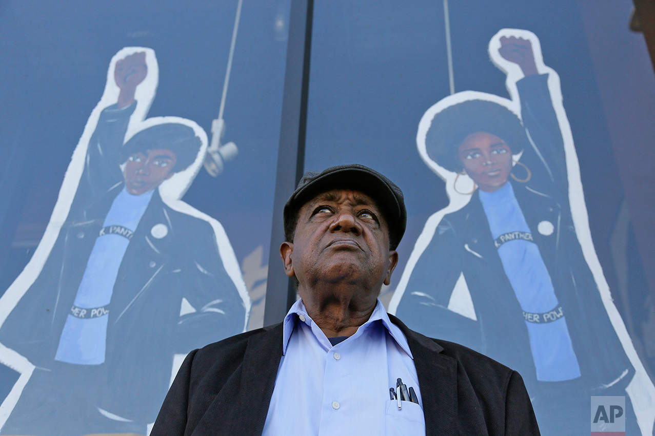 In this photo Friday, Sept. 30, 2016 photo, Bobby Seale, who co-founded the Black Panther Party, stands outside the Eastside Arts Alliance and Cultural Center in Oakland, Calif. Hundreds of former Black Panthers from around the world are expected to gather in Oakland, Calif., for a four-day conference that started Thursday, Oct. 20, 2016. (AP Photo/Eric Risberg)