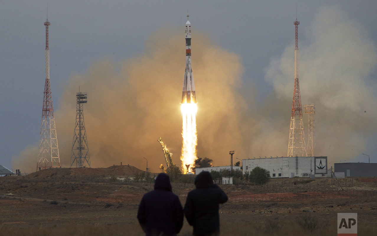 A Soyuz rocket booster with a MS-02 spaceship carrying a new crew to the International Space Station launches from the Russian-leased Baikonur cosmodrome in Kazakhstan, on Wednesday, Oct. 19, 2016. The Russian rocket carries U.S. astronaut Shane Kimbrough, and Russian cosmonauts Sergey Ryzhikov and Andrey Borisenko. (AP Photo/Ivan Sekretarev)