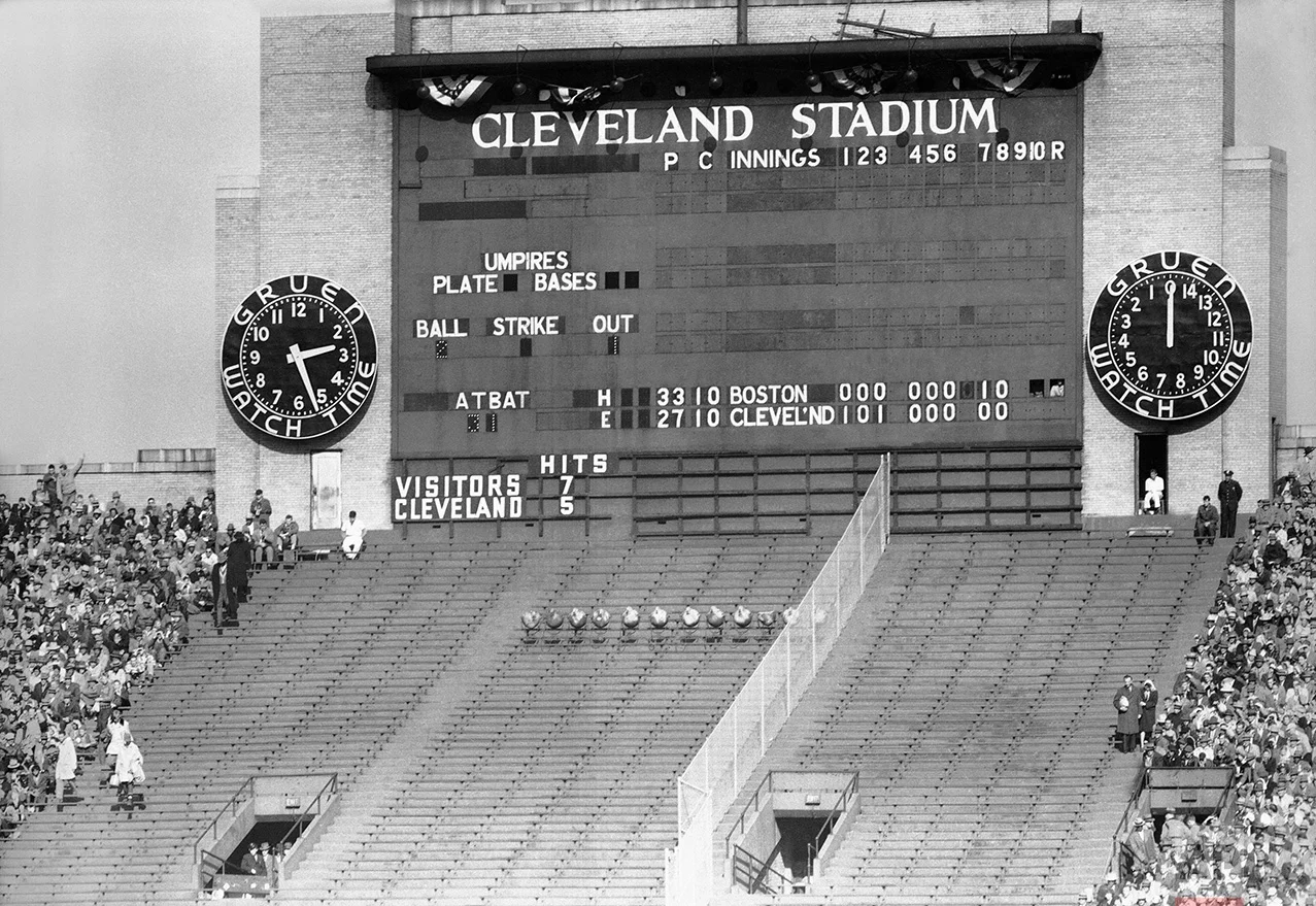 This is a general view of scoreboard during the World Series, Oct. 11, 1948 in Cleveland. (AP Photo)