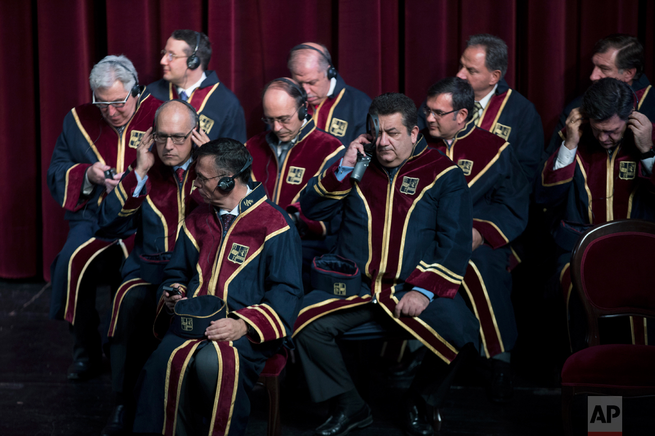  Professors of Piraeus University listens the speech of Russian Foreign Minister  Sergey Lavrov, at Piraeus Municipal Theater , near Athens, on Wednesday, Nov. 2, 2016. Lavrov  took part in  the ceremony by Piraeus University to receive an honorary d