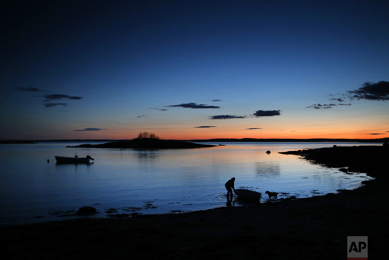 In the evening twilight, Diane Cowan, a marine biologist who has been studying lobster behavior and ecology for 30 years, ties up her skiff on the shoreline of Friendship Long Island, Maine, on May 10, 2016. Her life on the island is often dictated by the changing tides - and now, she says, by climate change. Her research has produced data on post-larval and juvenile lobsters that is crucial to understanding the future abundance of lobsters in the state. "I am definitely bearing witness to climate change… For the first 18 years I could predict at least the seasons I had a strong seasonal cycle… And then all of a sudden that was gone because a rapid rise in sea level that change things overnight. And that was like a jolt to me. I should've known. I mean, I read about climate change, I knew the sea level was rising. But until I saw it, until it impacted me directly, I didn't feel it the same way, I didn't understand what it would do," said Cowan. (AP Photo/Robert F. Bukaty)