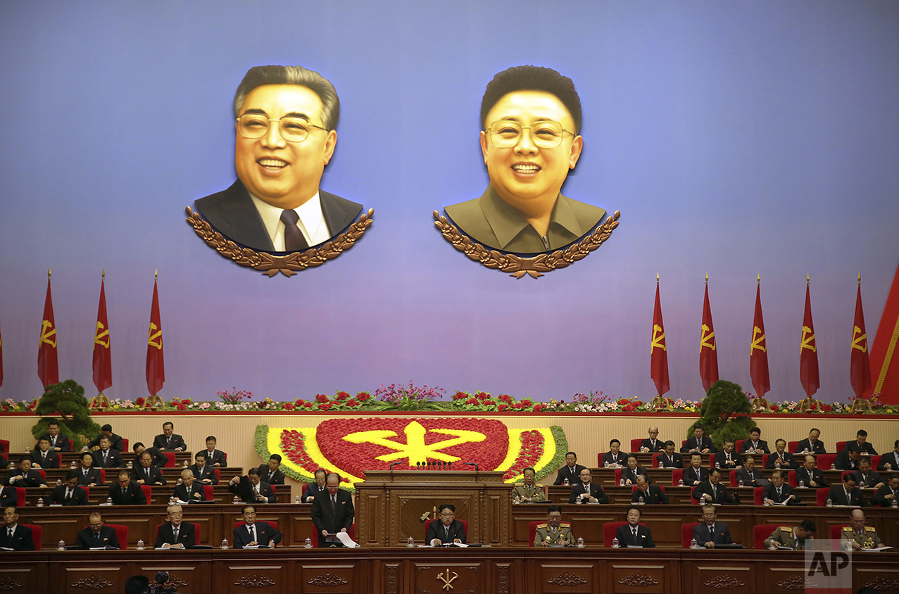  The portraits of late North Korean leaders Kim Il Sung, left, and Kim Jong Il hang inside the convention hall of the April 25 House of Culture where the party congress is held in Pyongyang, North Korea, on May 9, 2016. North Korea's ruling-party con