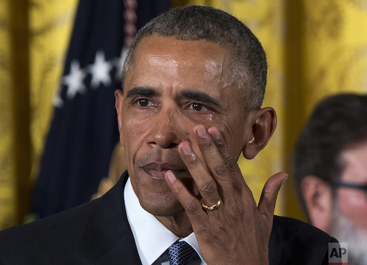  President Barack Obama wipes away tears from his eyes as he speaks in the East Room of the White House in Washington on Jan. 5, 2016, about steps his administration is taking to reduce gun violence. (AP Photo/Carolyn Kaster) 