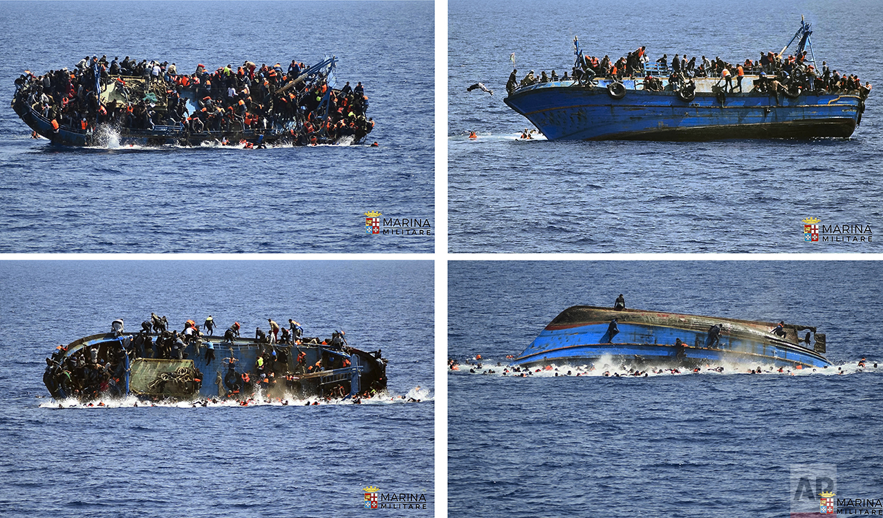  In this four-picture combo a boat overturns as people try to jump in the water off the Libyan coast on May 25, 2016. The Italian navy says it recovered a few bodies from the overturned migrant ship, while some 500 migrants who were on board were res