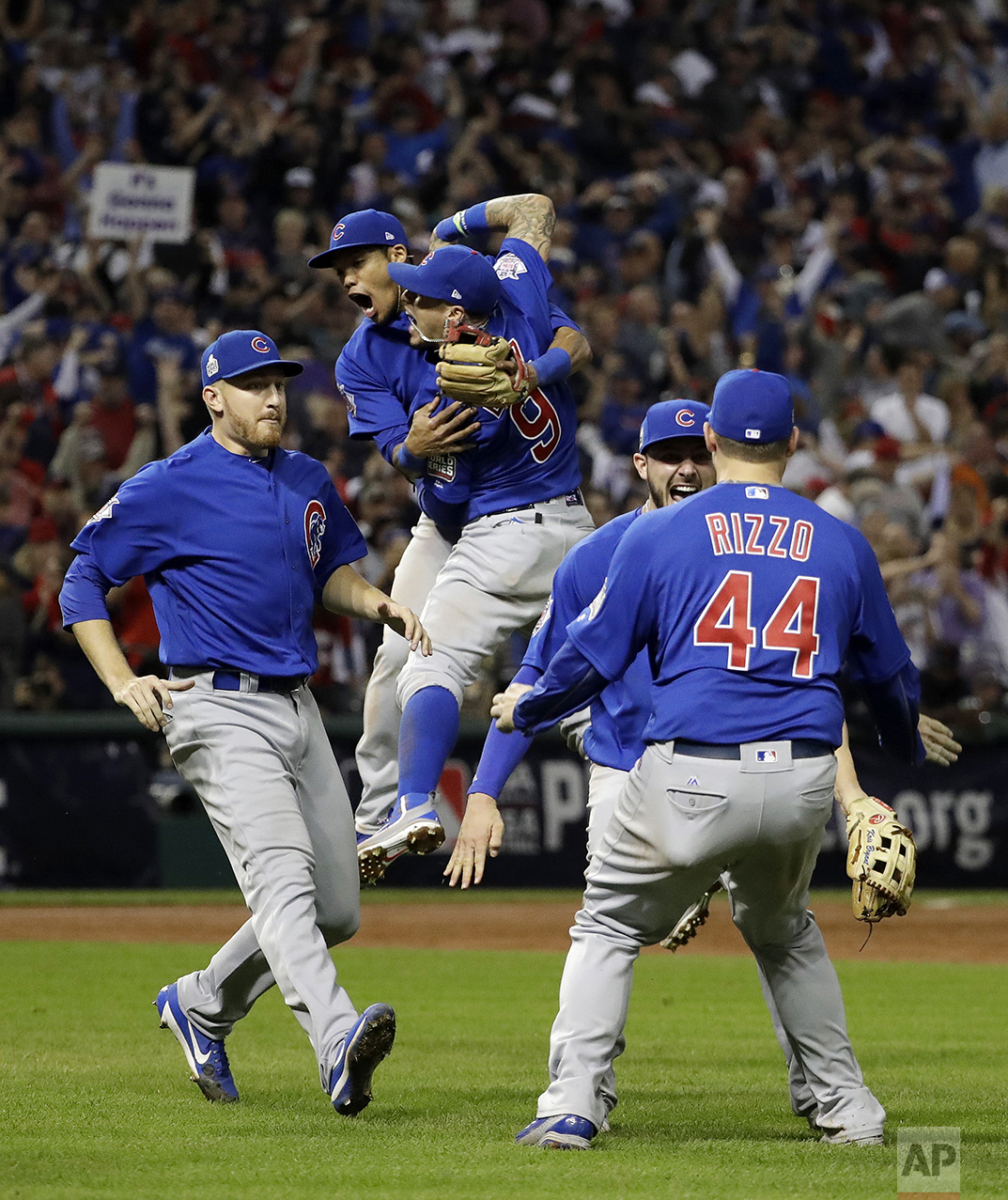  The Chicago Cubs celebrate after Game 7 of the Major League Baseball World Series against the Cleveland Indians on Nov. 3, 2016, in Cleveland. The Cubs won 8-7 in 10 innings to win the series 4-3. (AP Photo/David J. Phillip) 