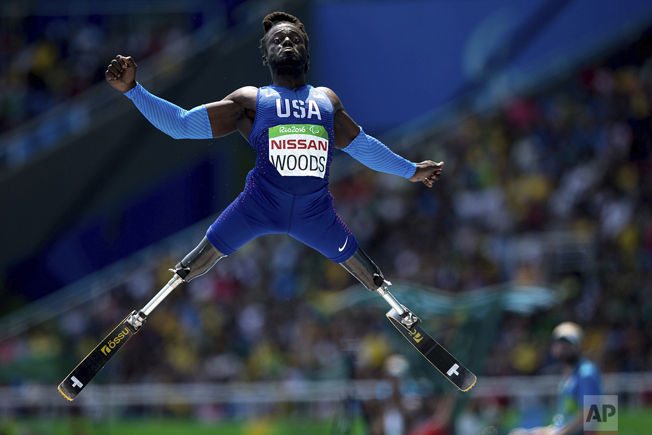  Regas Woods, of the United States, competes in the men's long jump T42 final, during the Paralympic Games, at the Olympic Stadium, in Rio de Janeiro, Brazil, on Sept. 17, 2016. (AP Photo/Mauro Pimentel) 