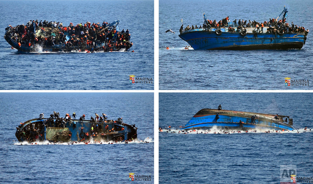  In this four-picture combo, a boat overturns as people try to jump in the water off the Libyan coast on May 25, 2016. The Italian navy says it recovered a few bodies from the overturned migrant ship, while some 500 migrants who were on board were re