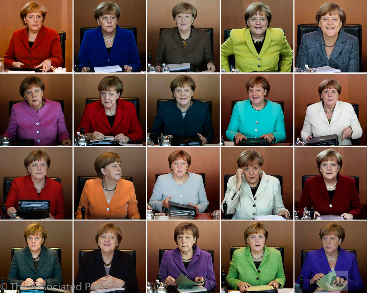  In this combo photo, German Chancellor Angela Merkel leads the weekly cabinet meeting of her government at the chancellery in Berlin. Merkel is since 2005 at the helm of the German government and wants to add a fourth four-year term. (AP Photos/Mark
