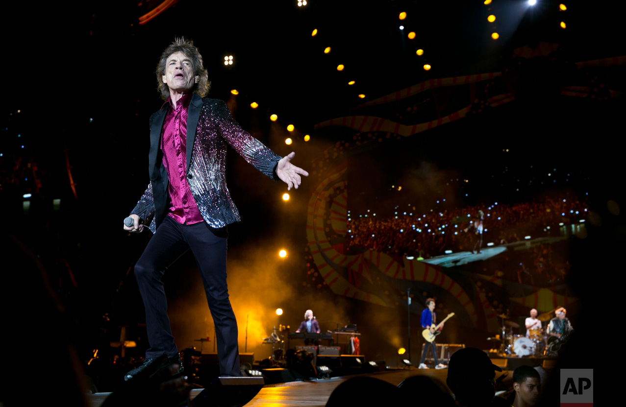  In this March 25, 2016 photo, Rolling Stones frontman Mick Jagger performs in Havana, Cuba. The Stones unleashed two hours of shrieking, thundering rock and roll on an ecstatic crowd of hundreds of thousands of Cubans and foreign visitors, capping o