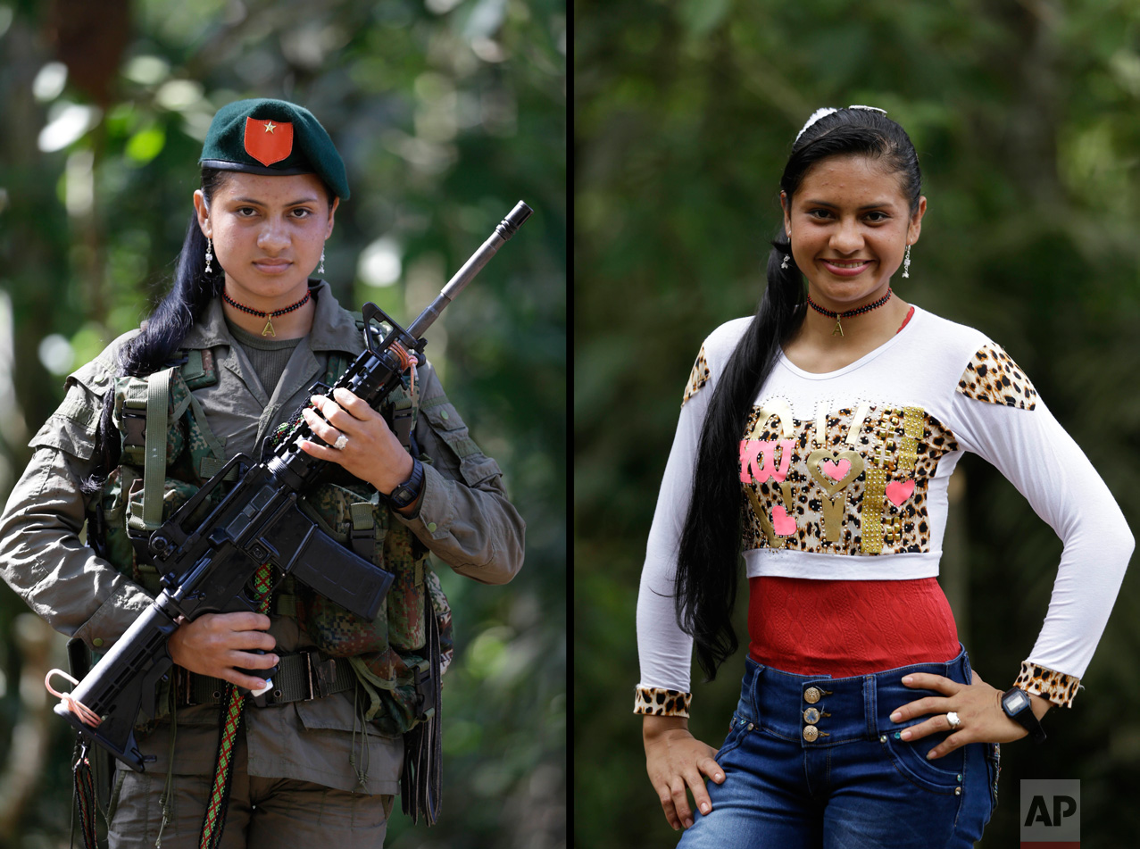  This Aug. 13, 2016 photo shows two portraits of Yiceth, one of her holding a weapon while in uniform for the Revolutionary Armed Forces of Colombia (FARC), and in civilian clothing at a guerrilla camp in the southern jungle of Putumayo, Colombia. Yi
