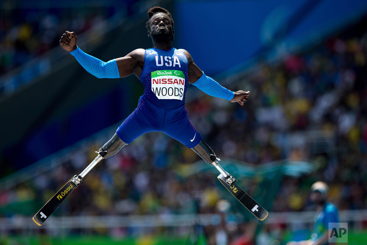  In this Sept. 17, 2016 photo, Regas Woods, of the United States, competes in the men's long jump T42 final, during the Paralympic Games, at the Olympic Stadium, in Rio de Janeiro, Brazil. (AP Photo/Mauro Pimentel) 