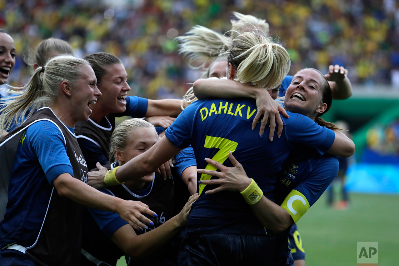  In this Aug. 16, 2016 photo, Sweden's players celebrate after the penalty kicks during a semi-final match of the women's Olympic football tournament between Brazil and Sweden at the Maracana Stadium in Rio de Janeiro. Sweden qualified for the final 