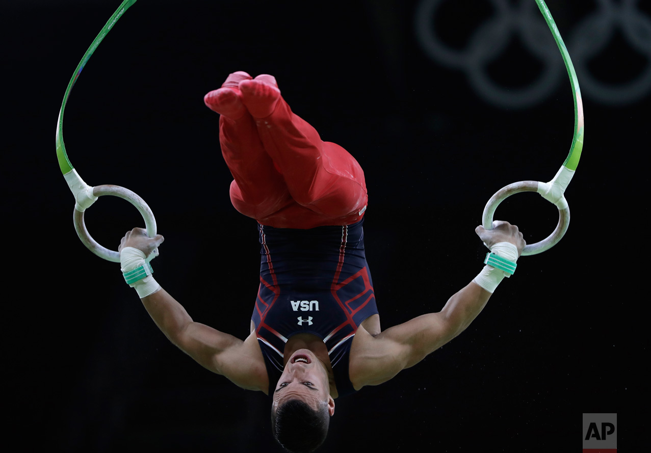 Gymnast from the United States Jacob Dalton trains on the rings ahead of the 2016 Summer Olympics in Rio de Janeiro, Brazil, Wednesday, Aug. 3, 2016. (AP Photo/Dmitri Lovetsky)