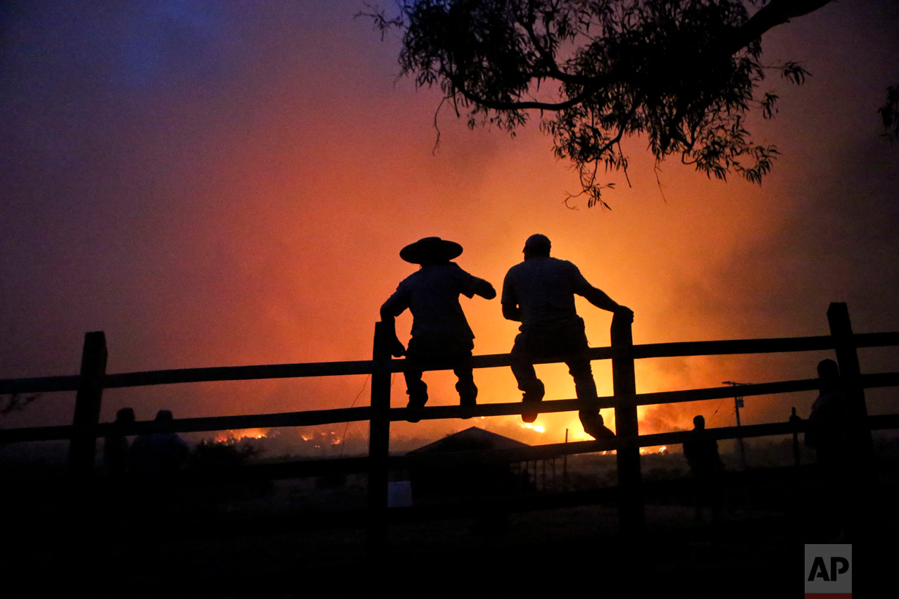 In this Sunday, Jan. 29, 2017 photo, residents watch nearby wildfires in Portezuelo, Chile. Strong winds have continued to stoke the flames of the raging wildfires in Chile. Firefighters and residents fought the fast-spreading blazes on the ground on Tuesday, while a Russian supertanker plane and a Brazilian Hercules dumped thousands of gallons of water on the area. (AP Photo/Esteban Felix)