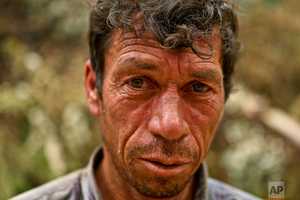 In this Friday, Jan. 27, 2017 photo, resident Javier Pazos takes a break from digging trenches, as wildfires threaten the Florida community of Concepcion, Chile. Residents of some communities have been battling the fires themselves, without any protective gear and often using just branches or bottles of water in a frantic effort to save their homes, pasture and livestock. (AP Photo/Esteban Felix)