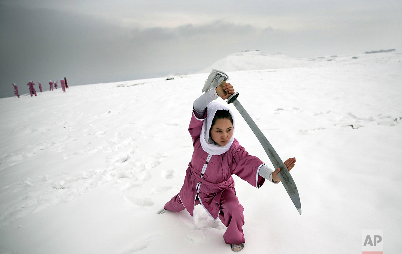 A Shaolin martial arts student practices on a hilltop in Kabul, Afghanistan, Tuesday, Jan. 25, 2017. The students are preparing for the day that Afghanistan can send its women’s team to the Shaolin world championship in China. (AP Photos/Massoud Hossaini)
