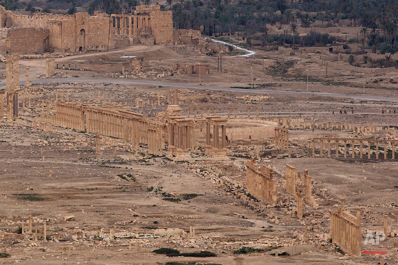 A general view shows the ancient city of Palmyra in the central city of Homs, Syria, Thursday, April 14, 2016. Russian combat engineers arrived in Syria on a mission to clear mines in Palmyra, which has been recaptured from Islamic State militants in an offensive that has proven Russia’s military might in Syria despite a drawdown of its warplanes. (AP Photo/Hassan Ammar)